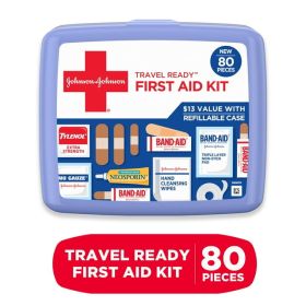 Johnson & Johnson Travel Ready Portable Emergency First Aid Kit, 80-Piece All-Purpose Medical Kit for Home, Car, or Travel